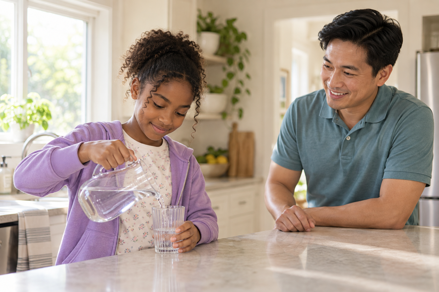 Illustrative scene of a support worker supervising a child pouring water in a home kitchen